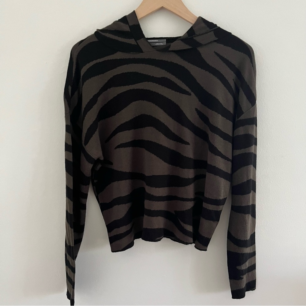 Anthropologie Olive Green and Black Striped Hoodie Sweater